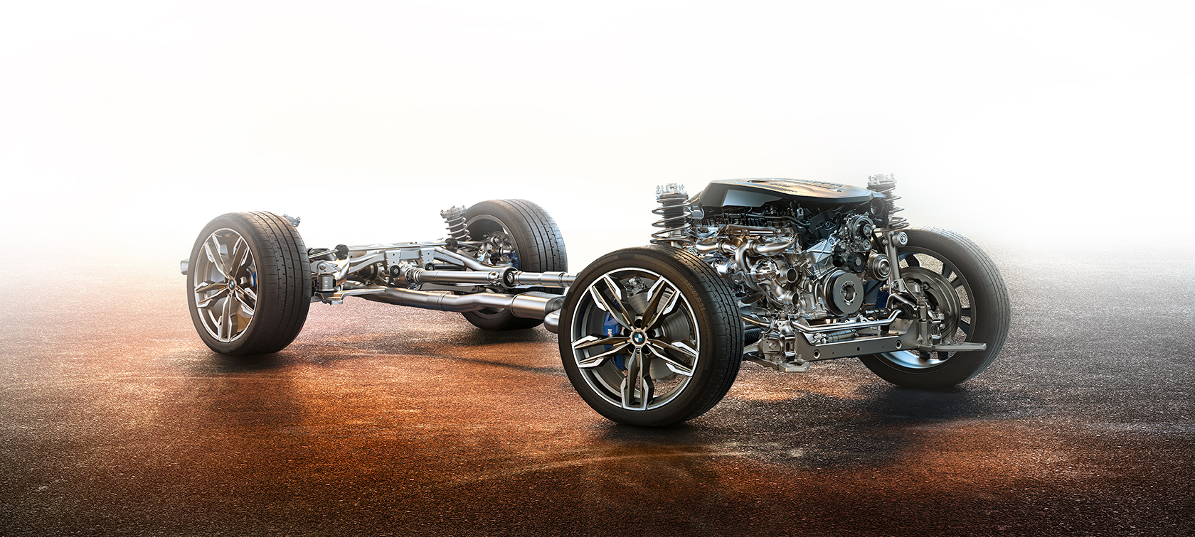 Chassis, suspensões e rodas do BMW X3 M40i 2020 em destaque, sem a carroceria, demonstrando rebaixamento do pacote M Sport Chassis, suspensões e rodas do BMW X3 M40i 2020 em destaque, sem a carroceria, demonstrando rebaixamento do pacote M Sport